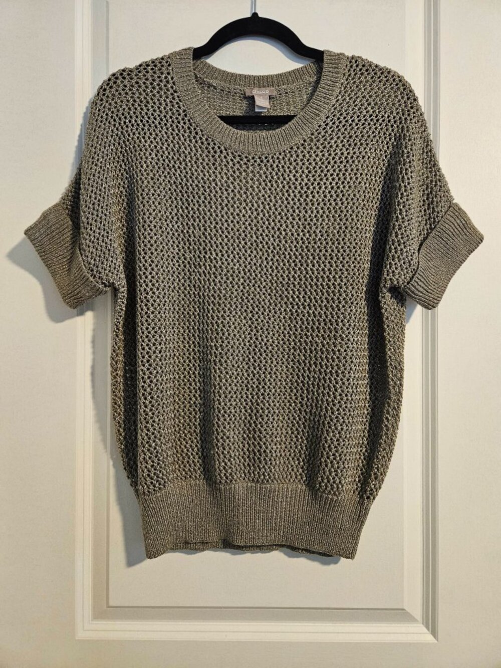 Chico’s Taupe Open Knit Lightweight Sweater Short Sleeve Pullover Size 1/M/8
